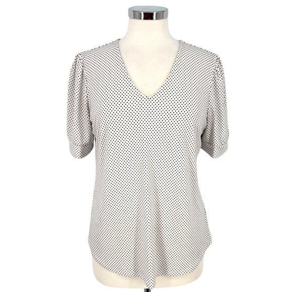 Adrianna Papell Polka Dot V-Neck Short Puff Sleeve Blouse White Black Size Small - Picture 1 of 10